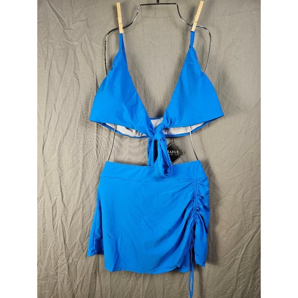 Zaful Blue Two Piece Swimsuit Set Front Tie Bikini Top Ruched Skirt XL NEW
